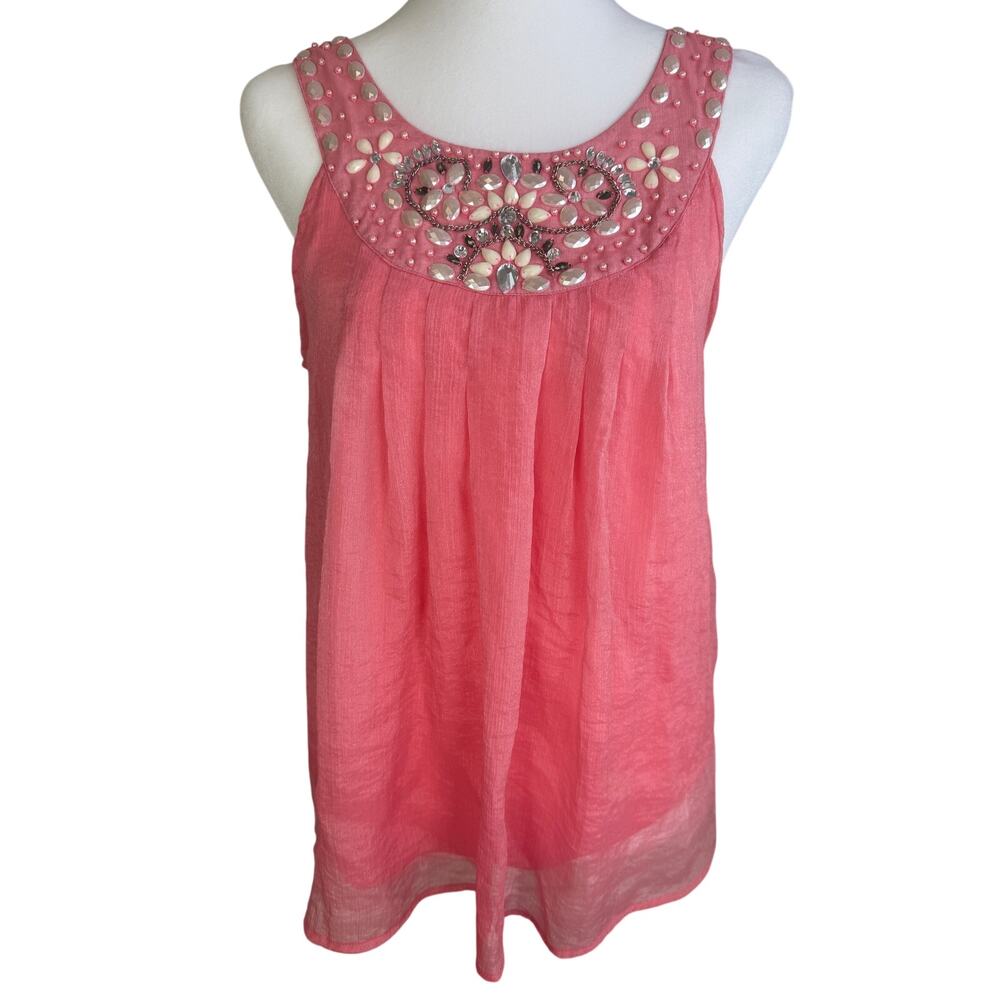 PM Womens Embellished Beaded Sheer Overlay Scoop Neck Sleeveless Pink Blouse Top